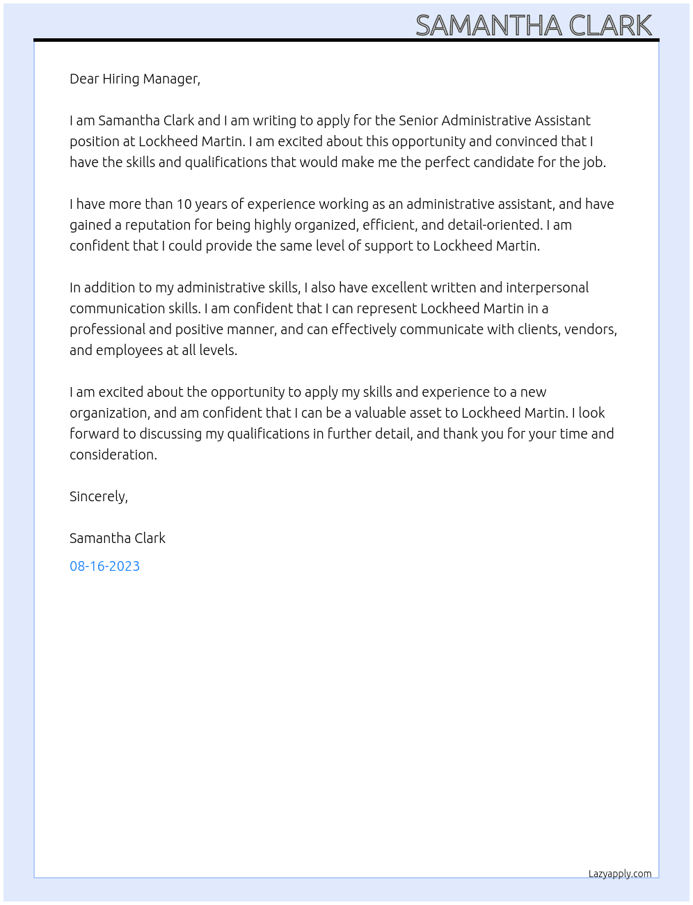 Senior Administrative Assistant At Lockheed Martin Cover Letter