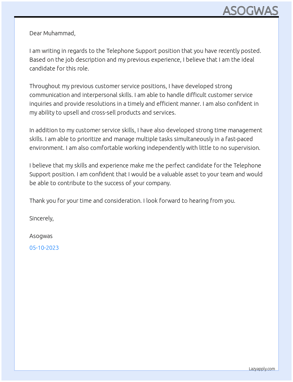 Telephone Support  At Null Cover Letter