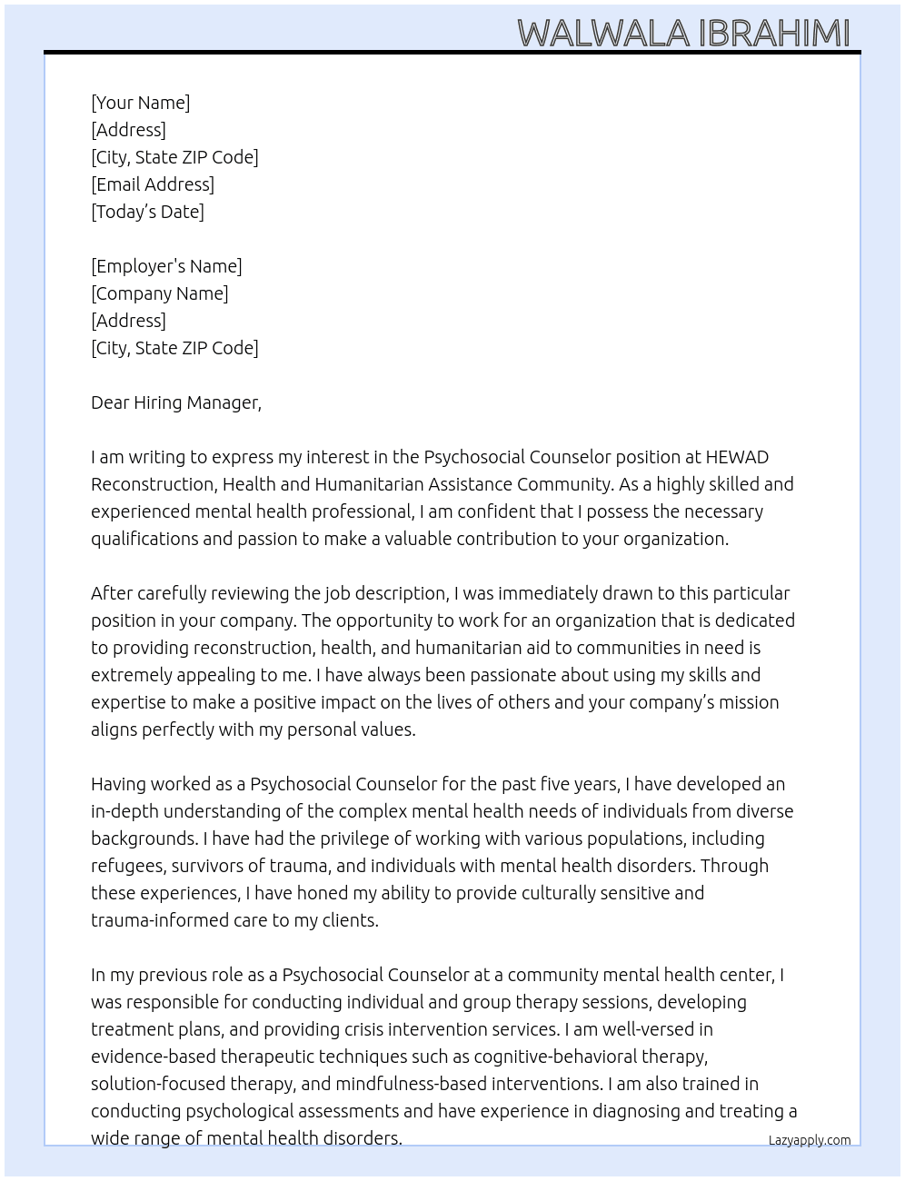 Psychosocial councilor  At HEWAD reconstruction, health and humanitrain assistance community  Cover Letter