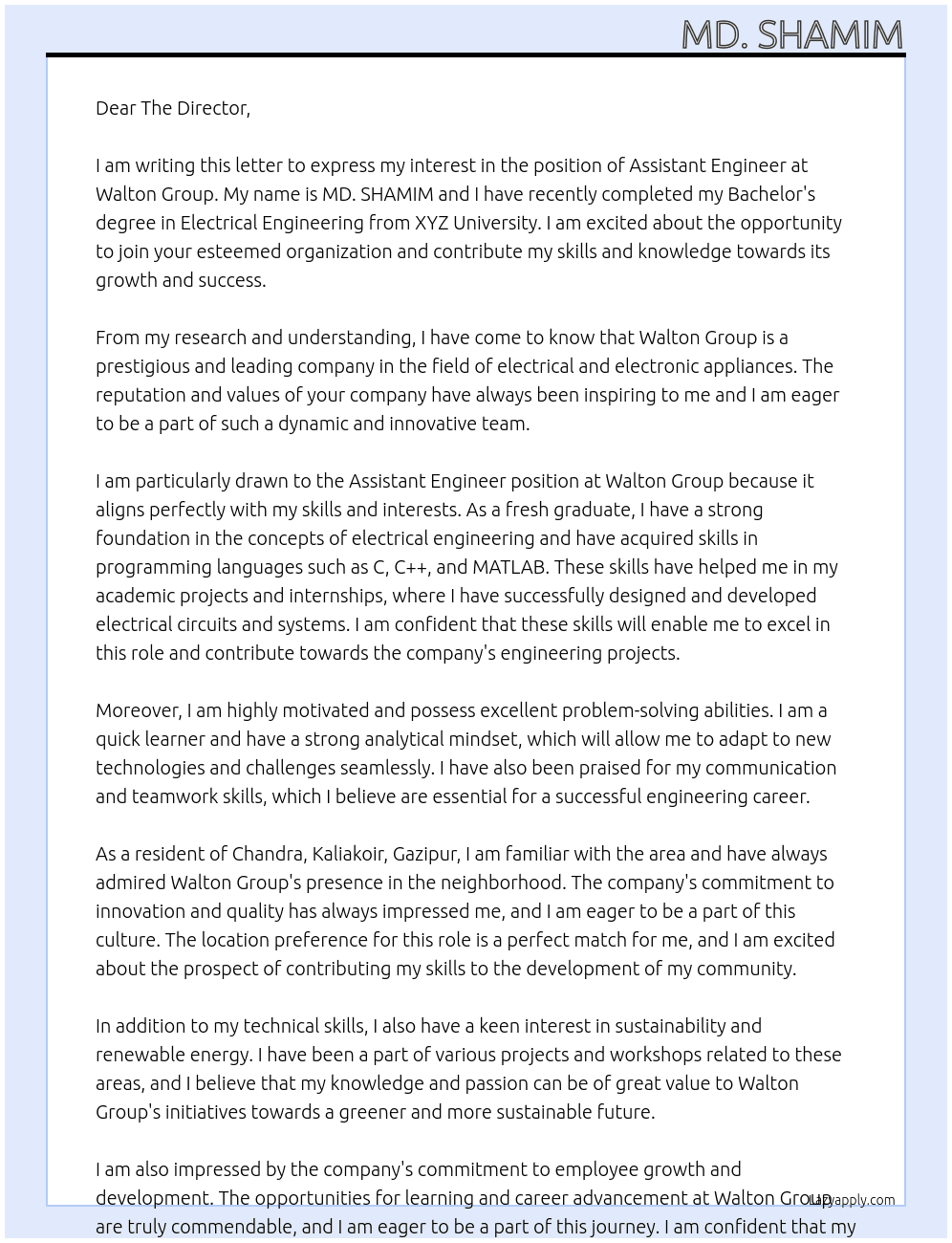 assistant engineer of walton group At walton group Cover Letter