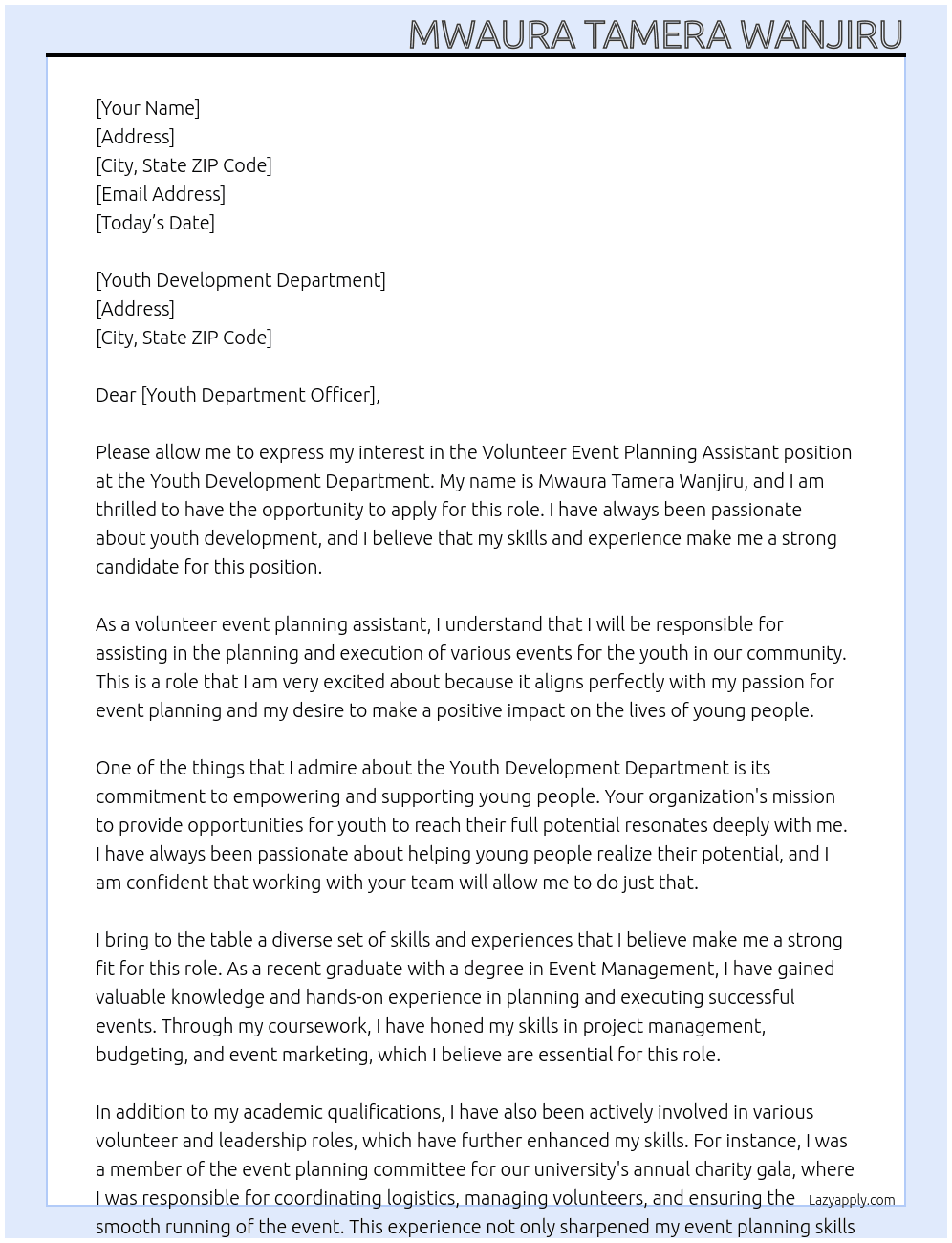 Cover letter for volunteer event planning assistant - LazyApply