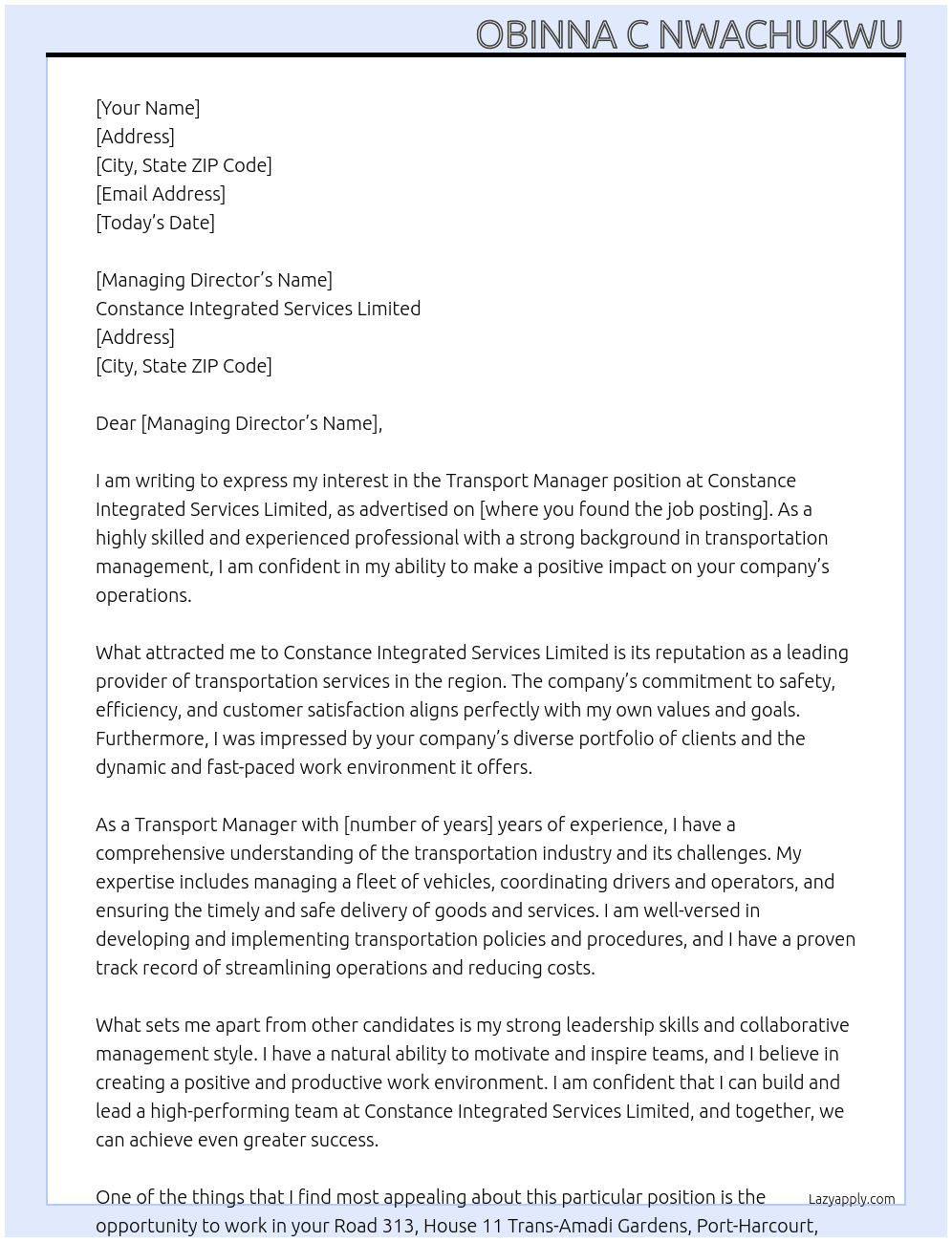 Transport Manager  At Constance Integrated Services Limited Cover Letter