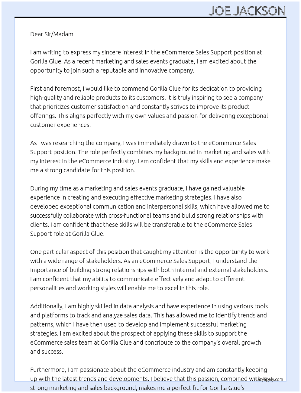 eCommerce Sales Support  At Gorilla Glue Cover Letter