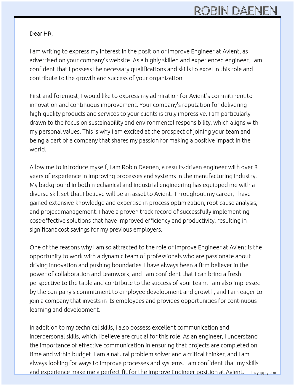 improve engineer At Avient Cover Letter