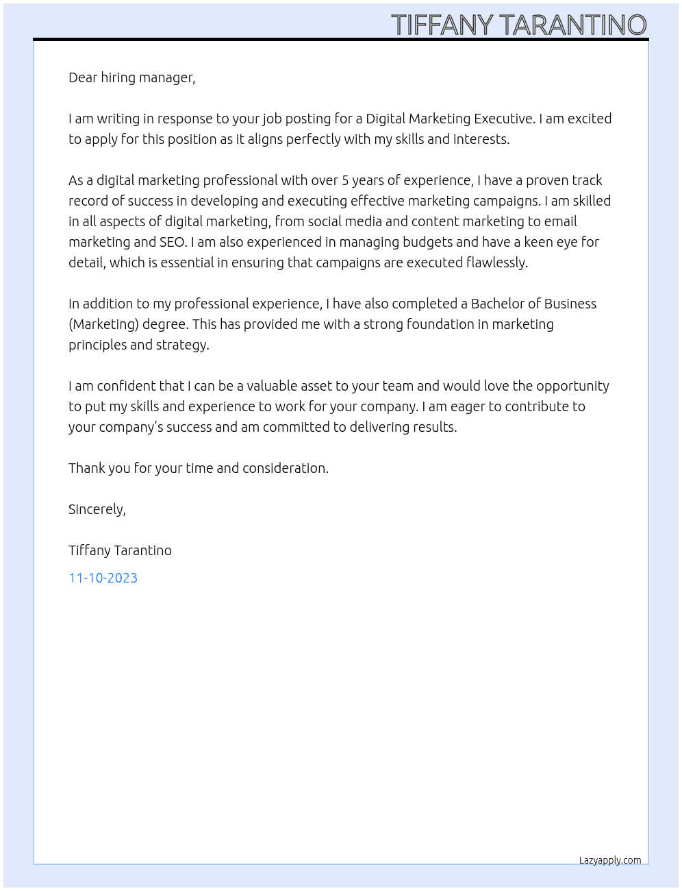 Digital Marketing Executive At Charlie Oscar Cover Letter