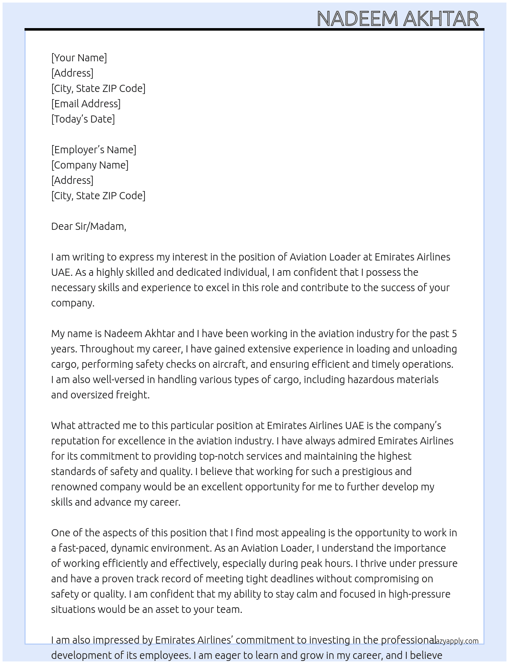 Aviation Loader  At Emirates Airlines UAE Cover Letter