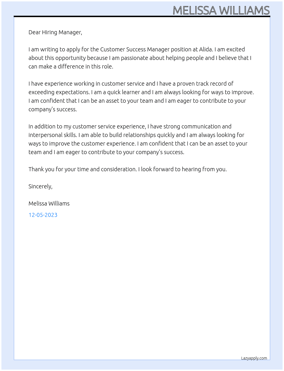 Customer Success Manager At Alida Cover Letter