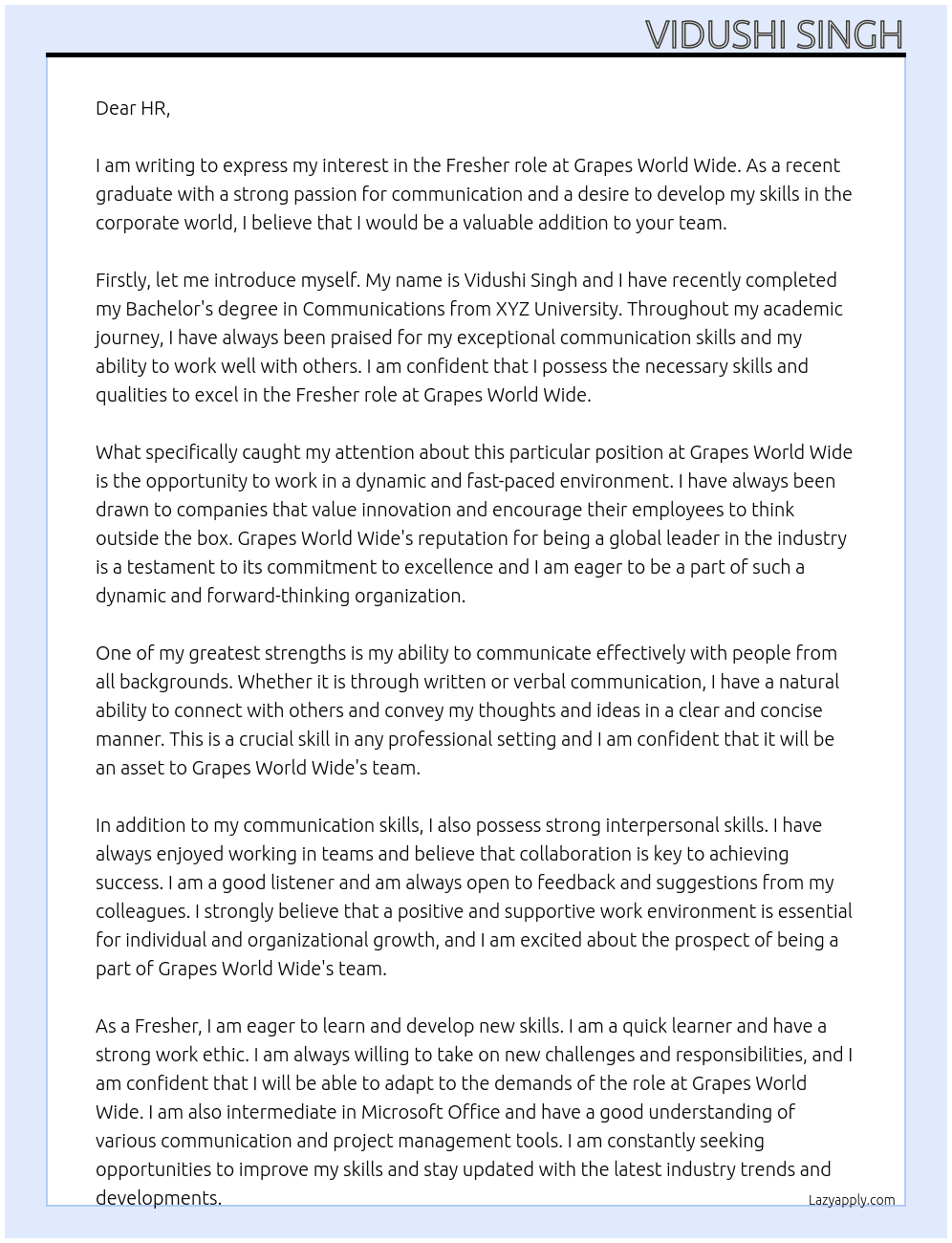 Fresher  At Grapes world wide  Cover Letter