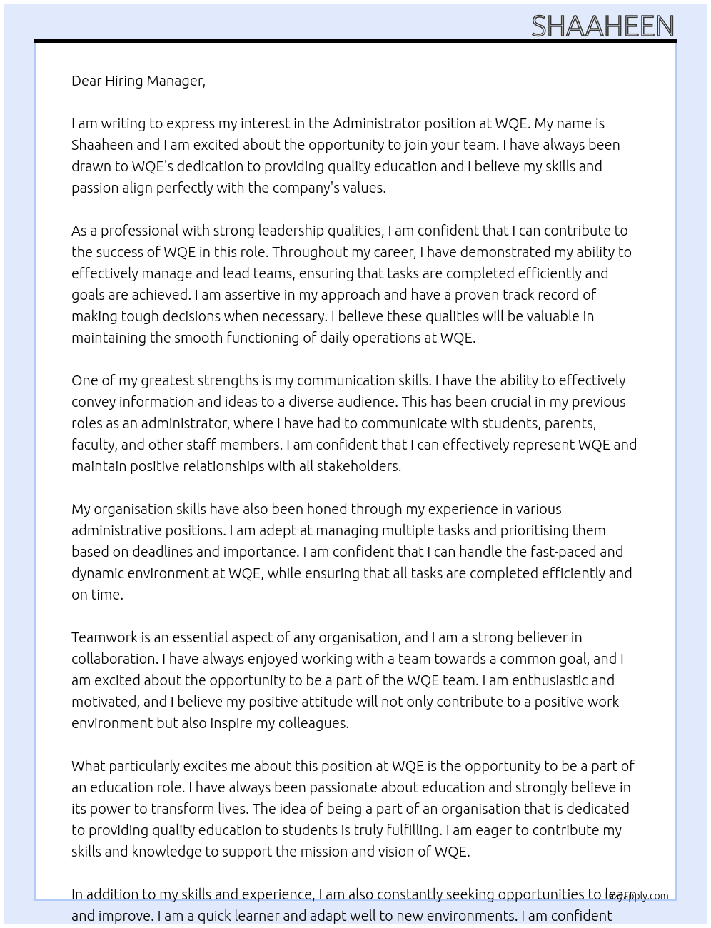 Administrator  At WQE Cover Letter