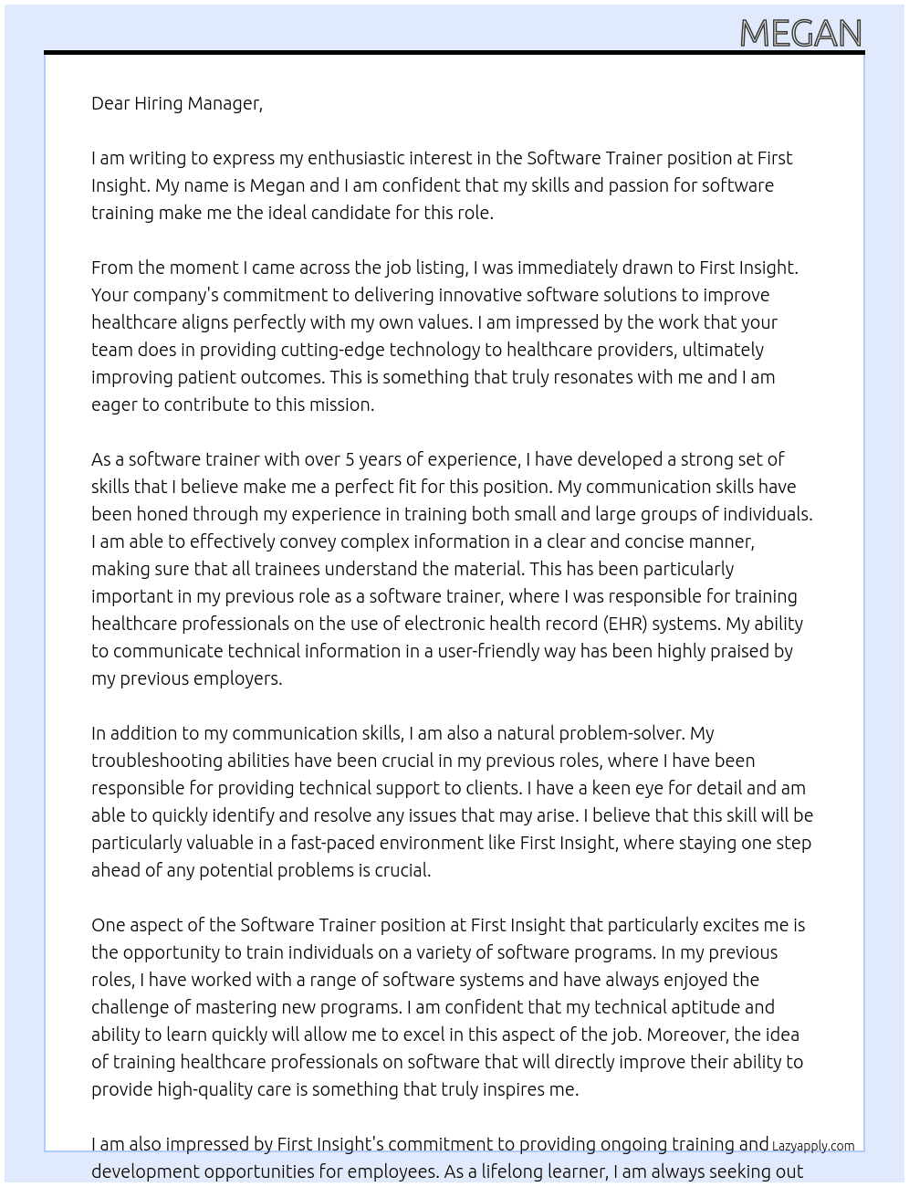 Software Trainer  At First Insight Cover Letter