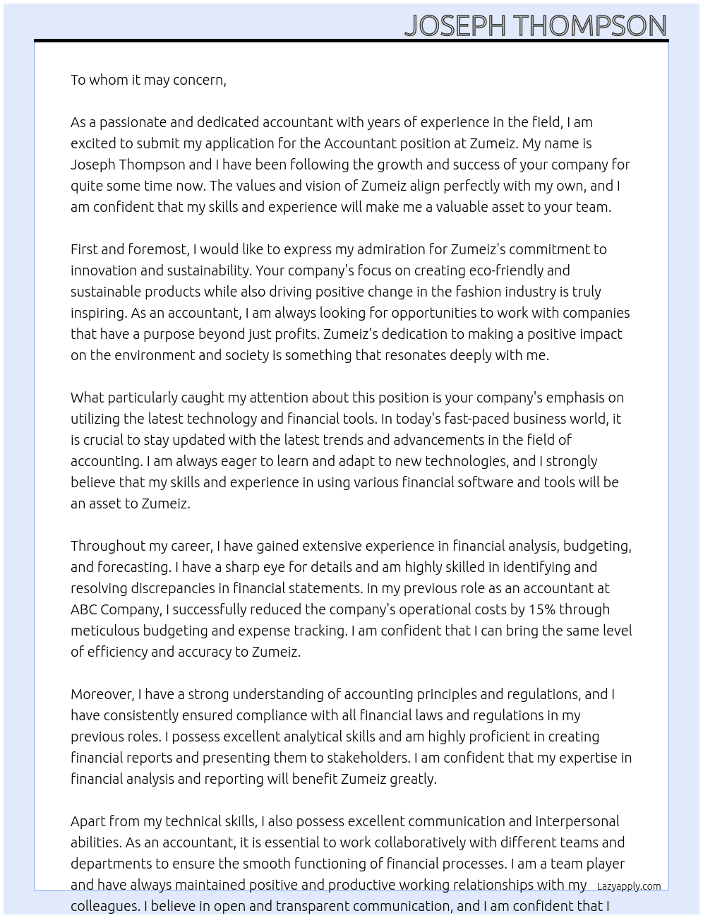 Accountant At Zumeiz Cover Letter