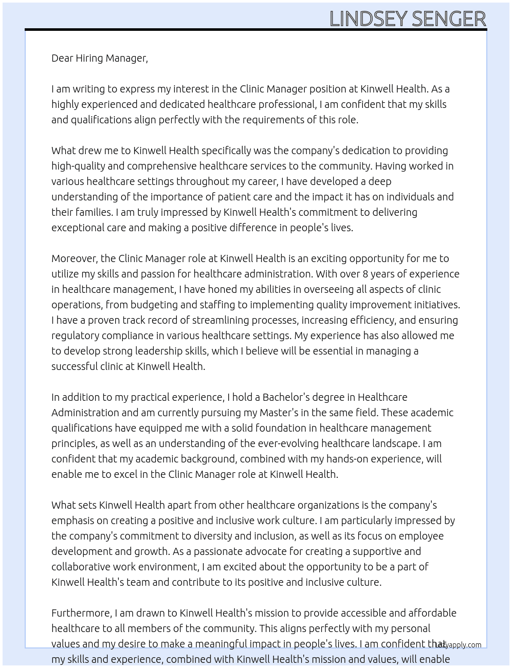 Clinic Manager At Kinwell Health Cover Letter