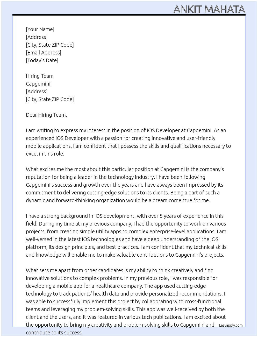 ios developer At Capgemini Cover Letter