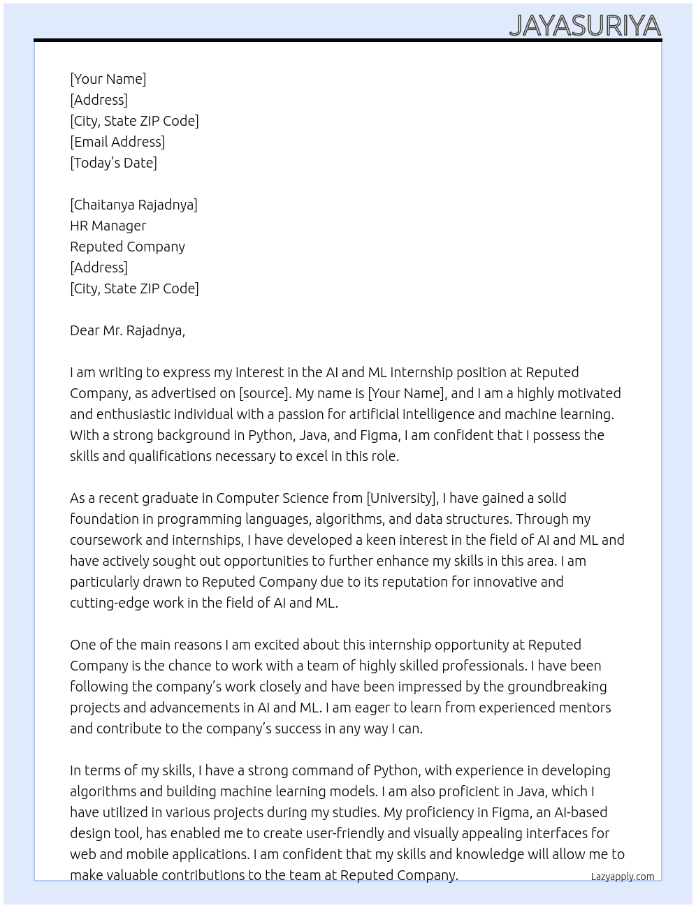 AI and ML internship  At Reputed Company  Cover Letter