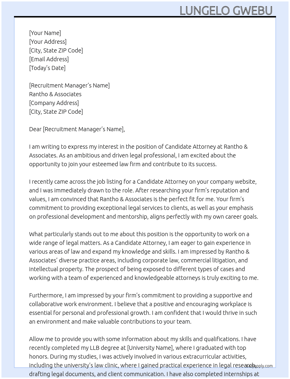 Candidate attorney  At Rantho & Associates  Cover Letter