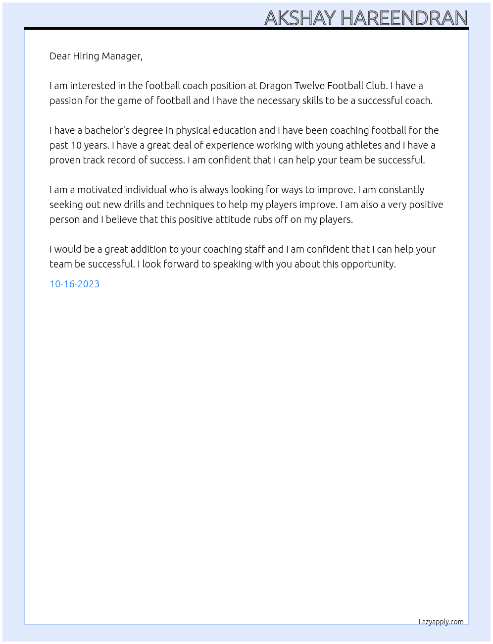 Football coach At Dragon Twelve Football Clun Cover Letter