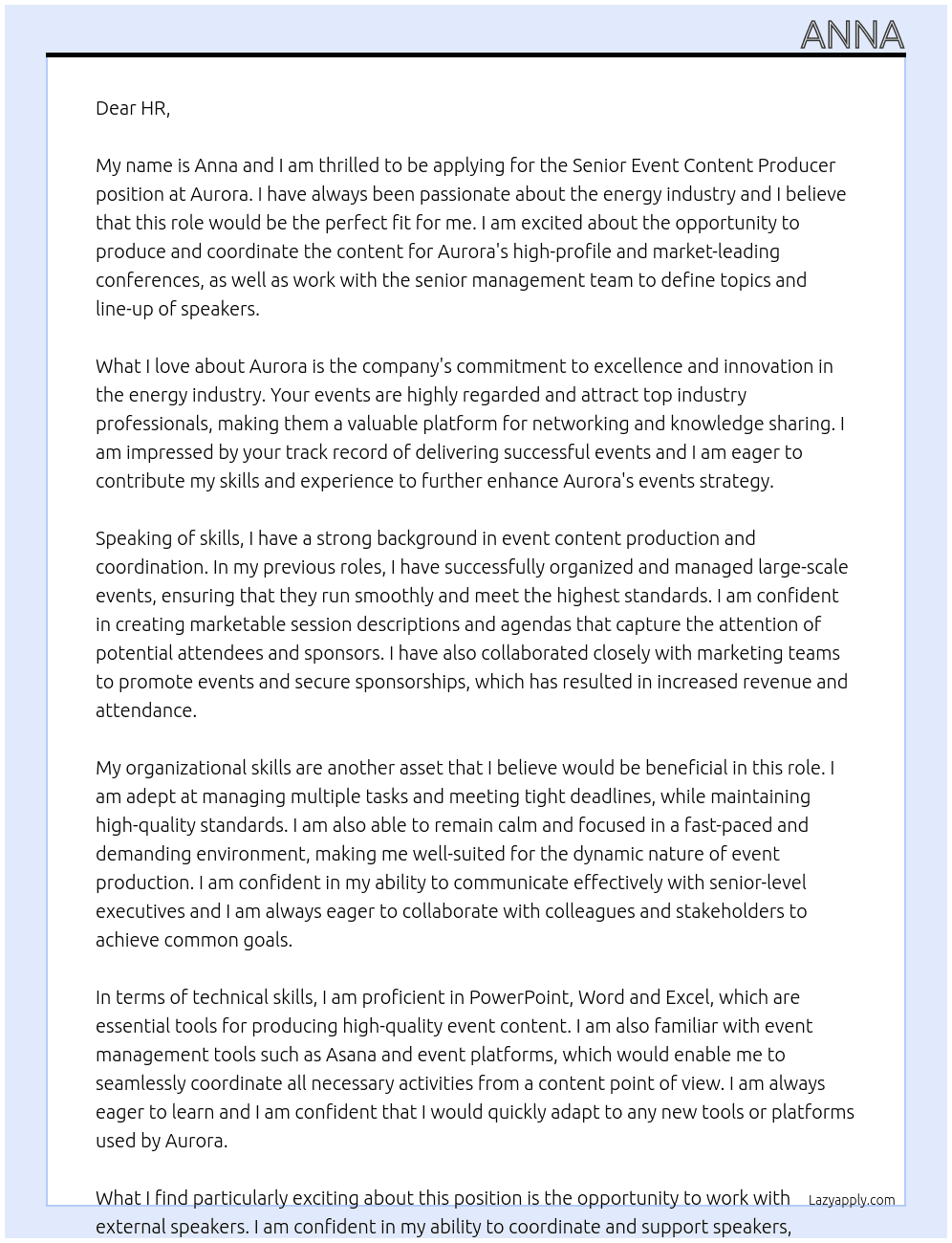 Seniopr Event Content Producer At Aurora Cover Letter