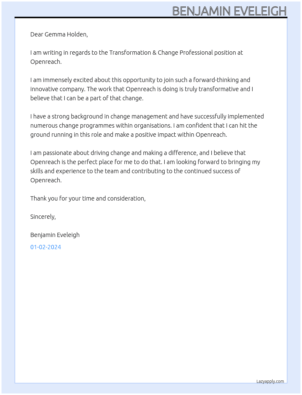 Transformation & Change Professional At Openreach Cover Letter