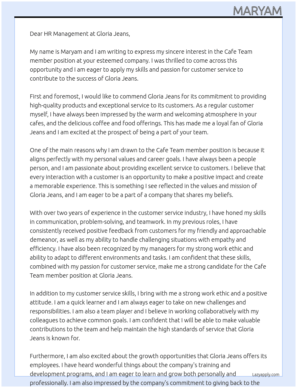 Cover letter for cafe team member - LazyApply