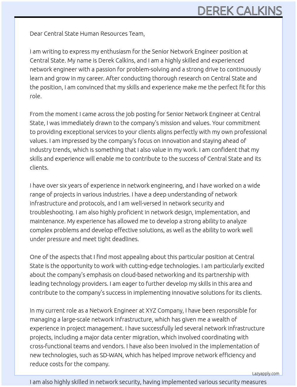 Senior Network Engineer At Central State Cover Letter