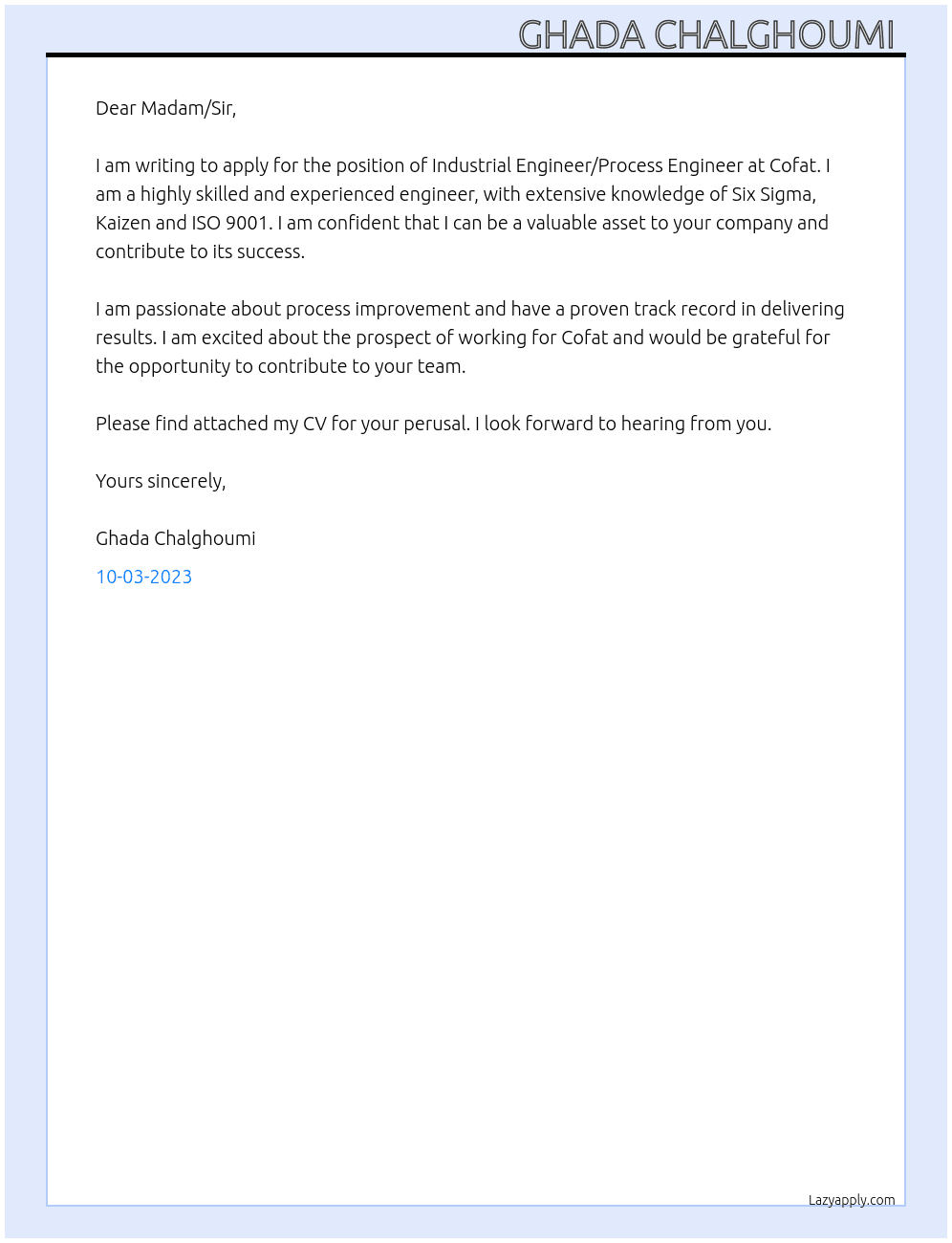 Industrial engineer/ process engineer  At Cofat / spontaneous application  Cover Letter