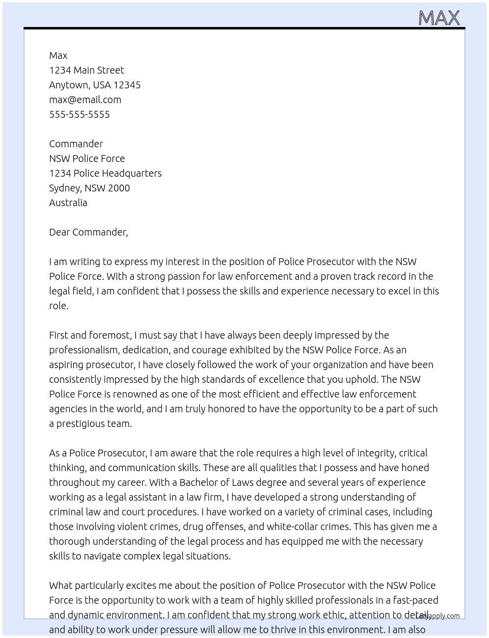 Police Prosecutor  At NSW Police Force Cover Letter