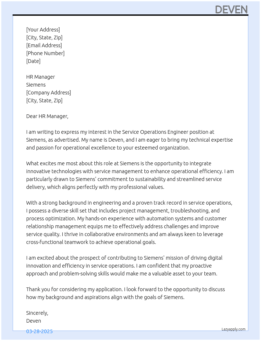 Cover letter for service operations engineer - LazyApply