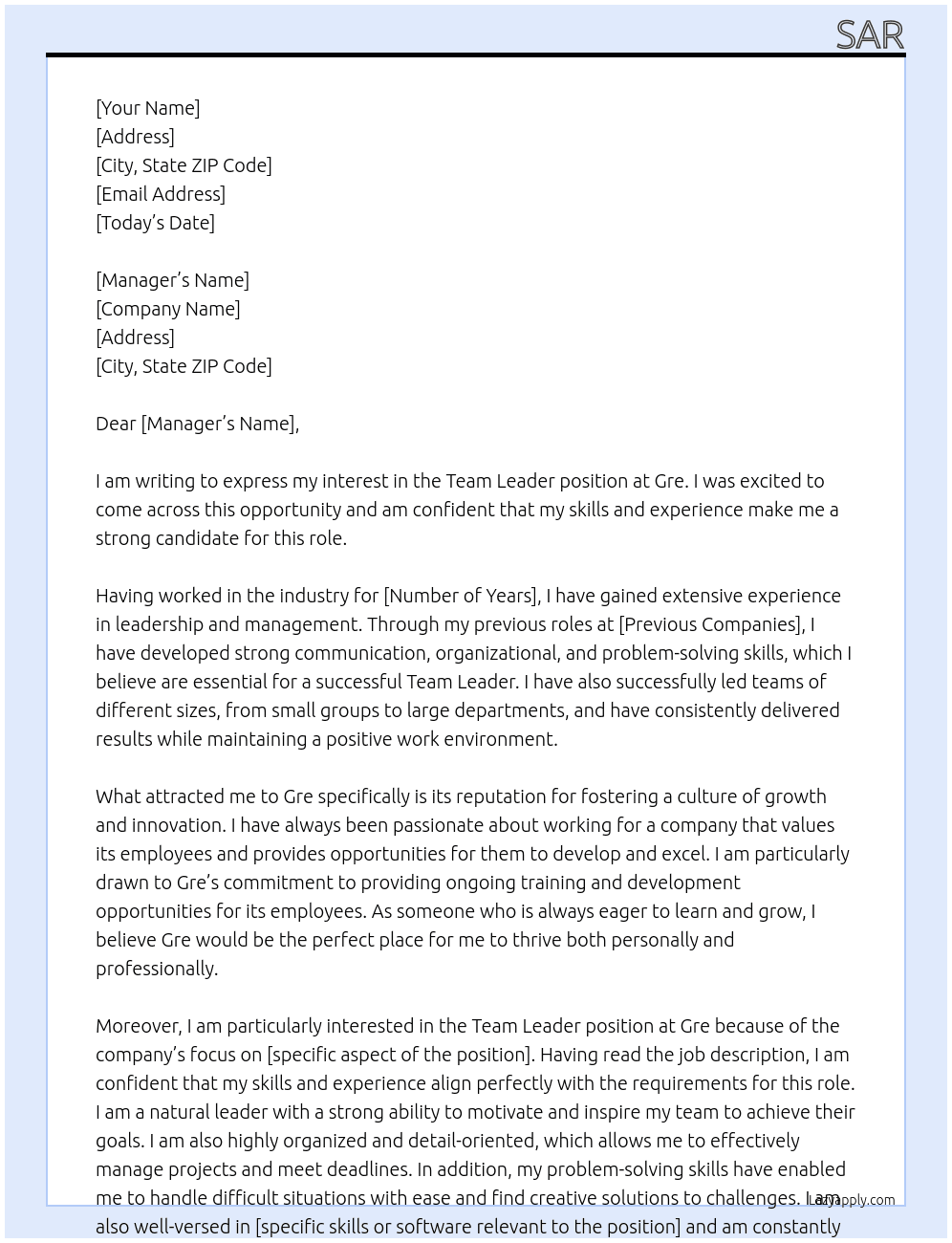 Team Leader At Gre Cover Letter