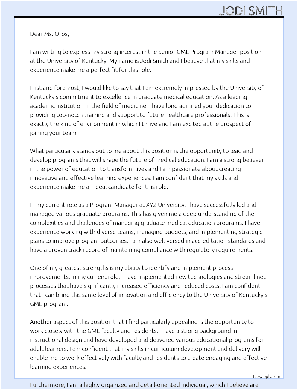 Senior GME Program Manager At University of Kentucky Cover Letter