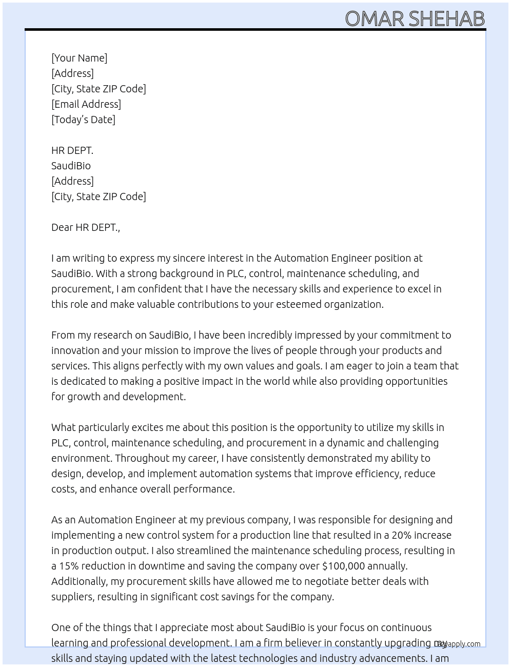 Automation Engineer At SaudiBio Cover Letter