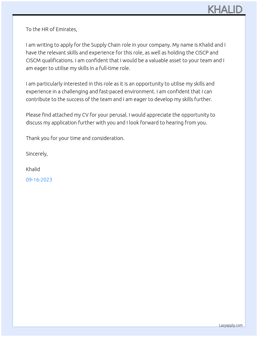Supply chain  At Emirates  Cover Letter