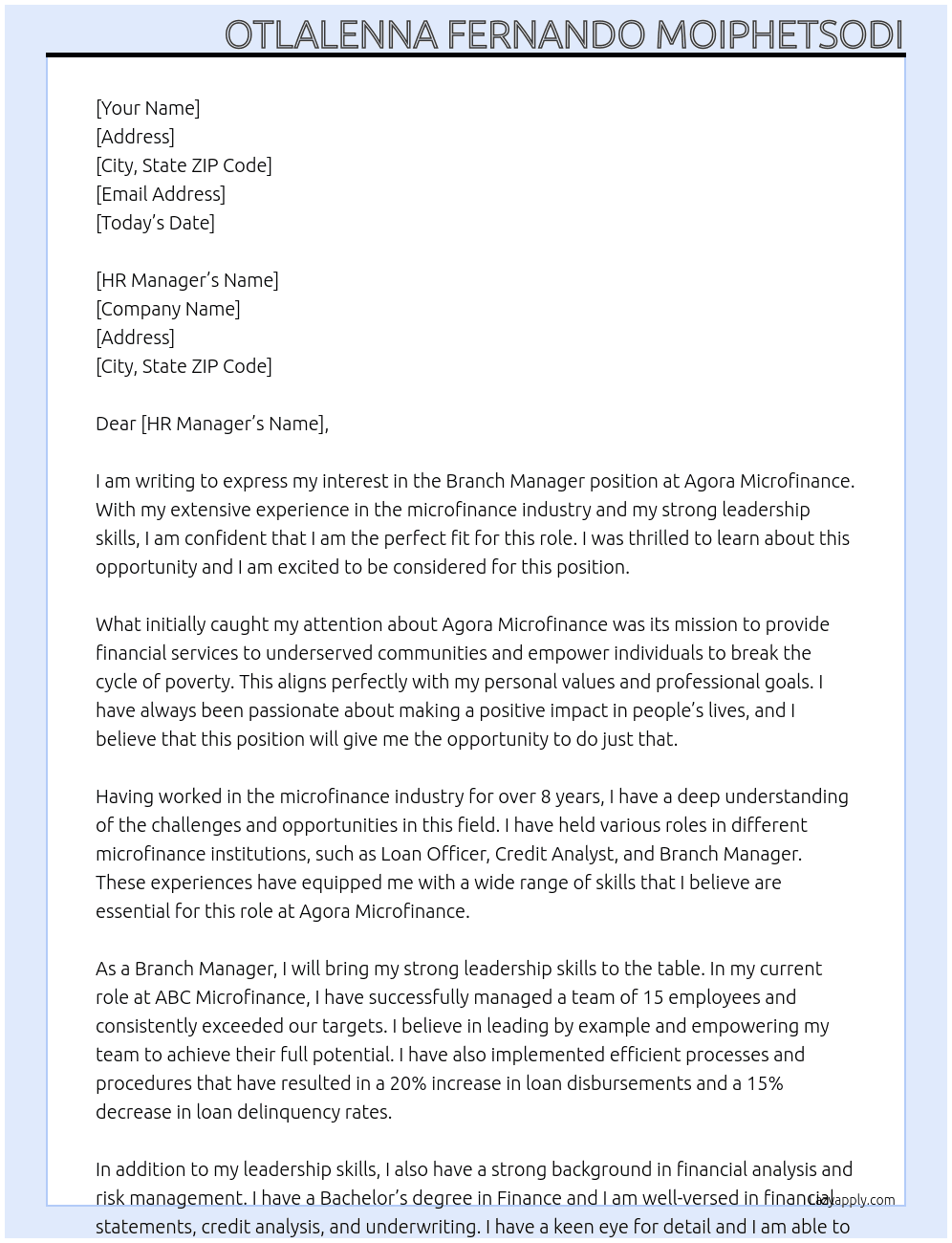 branch manager At Agora Microfinance Cover Letter