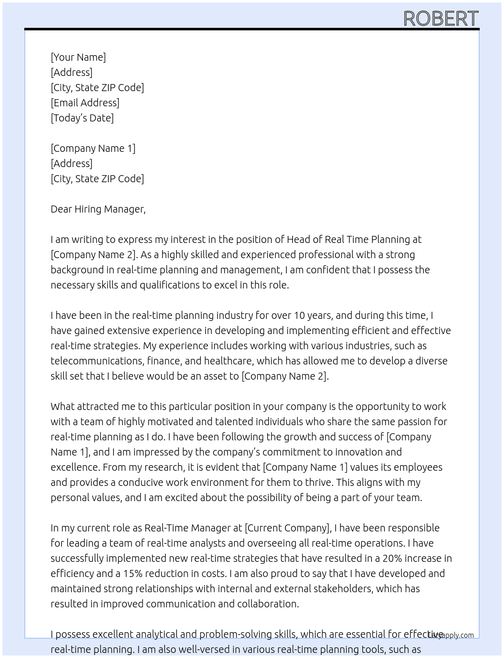 Head of Real Time Planning At Company Name 1 Cover Letter