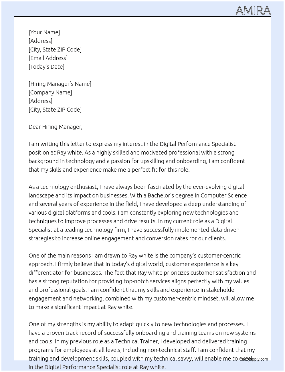Digital Performance Specialist  At Ray white Cover Letter
