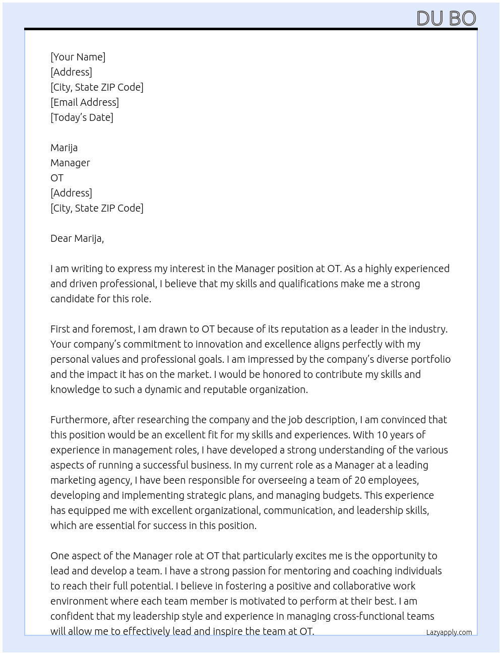 Manager  At OT Cover Letter