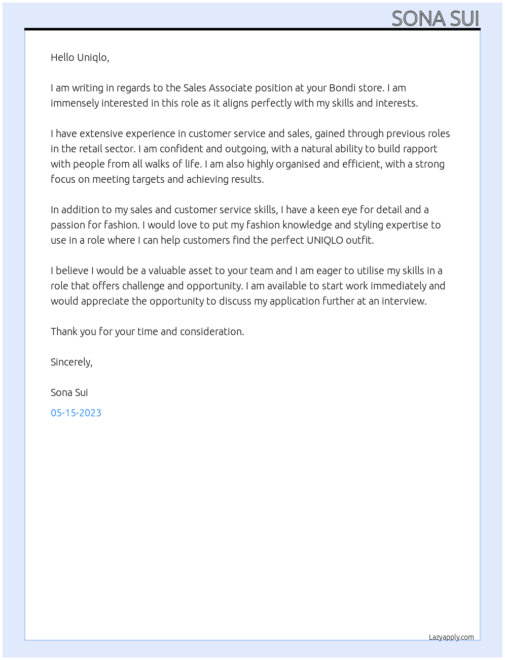 UNIQLO Bondi - Sales Associate At Uniqlo Cover Letter