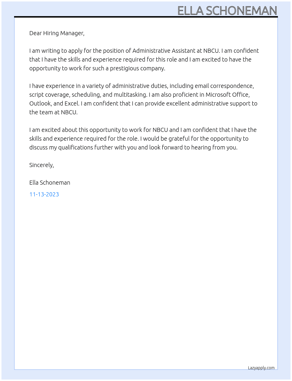 Administrative Assistant At NBCU Cover Letter