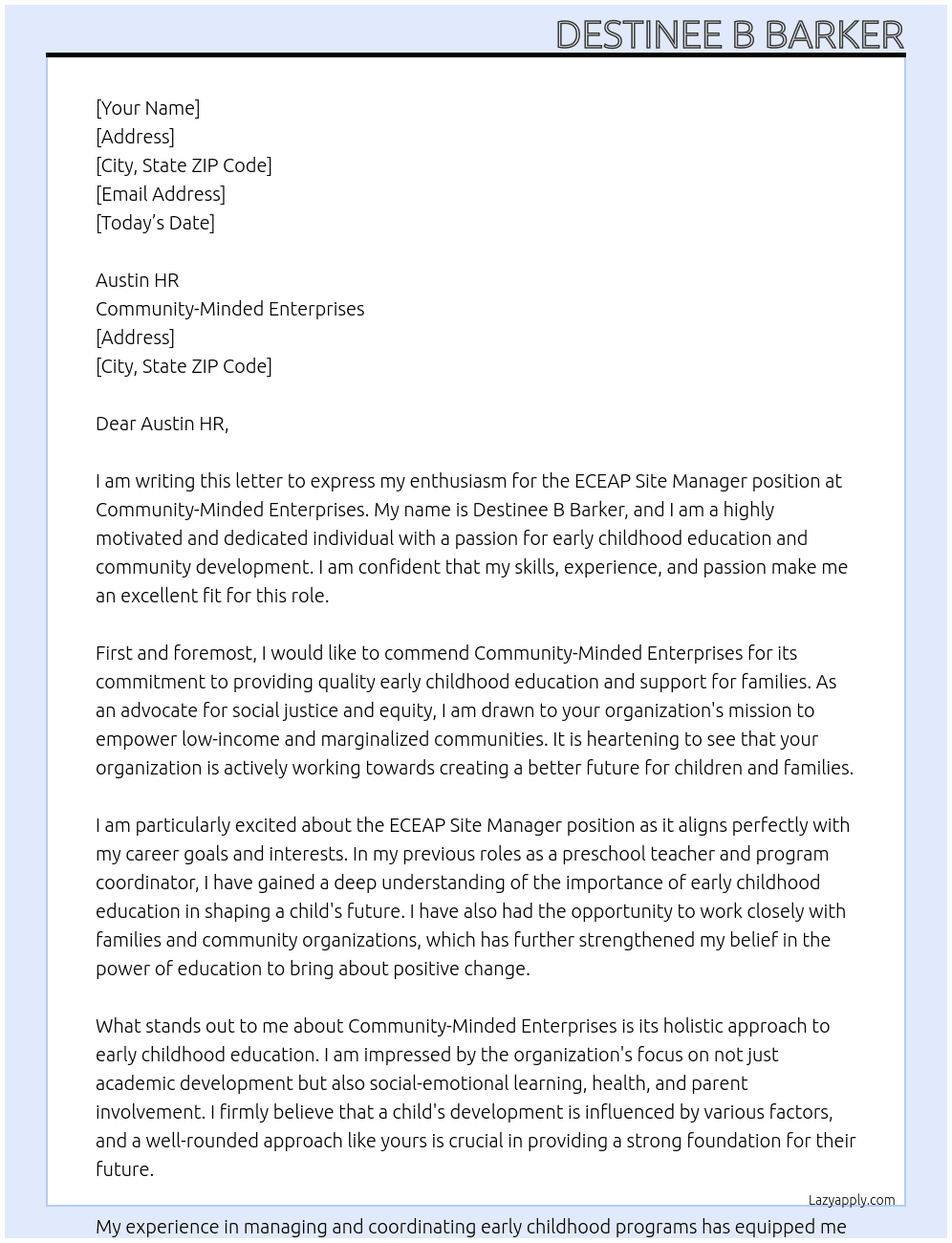 ECEAP Site Manager At Community-Minded Enterprises Cover Letter