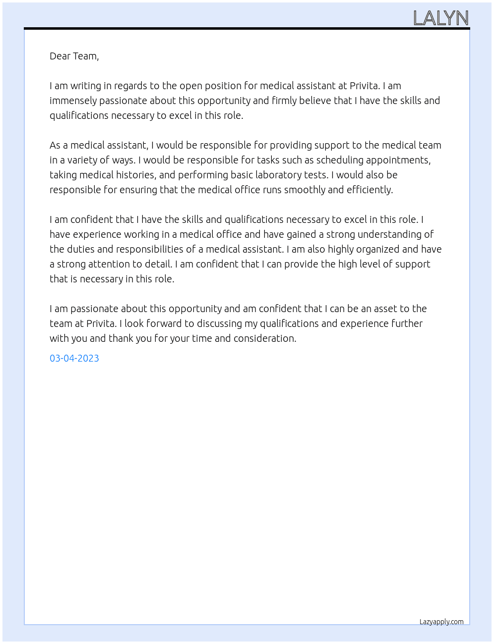 Medical Assistant  At Privita Cover Letter