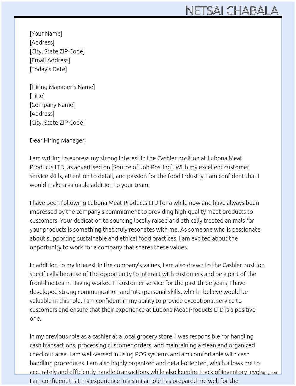 Cashier  At Lubona Meat Products LTD Cover Letter