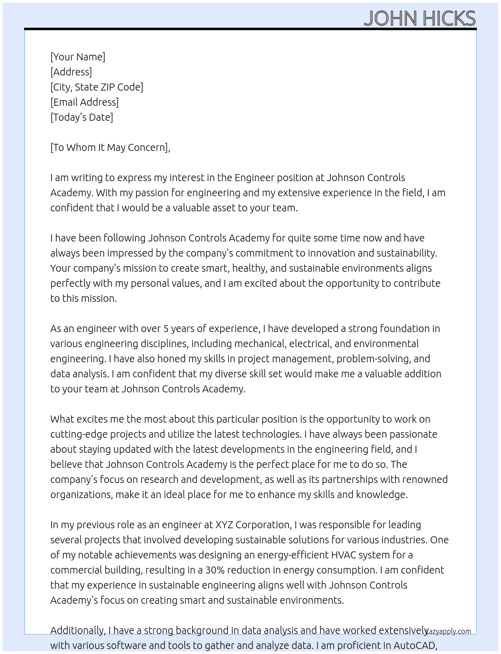 Engineer At Johnson Controls Academy Cover Letter