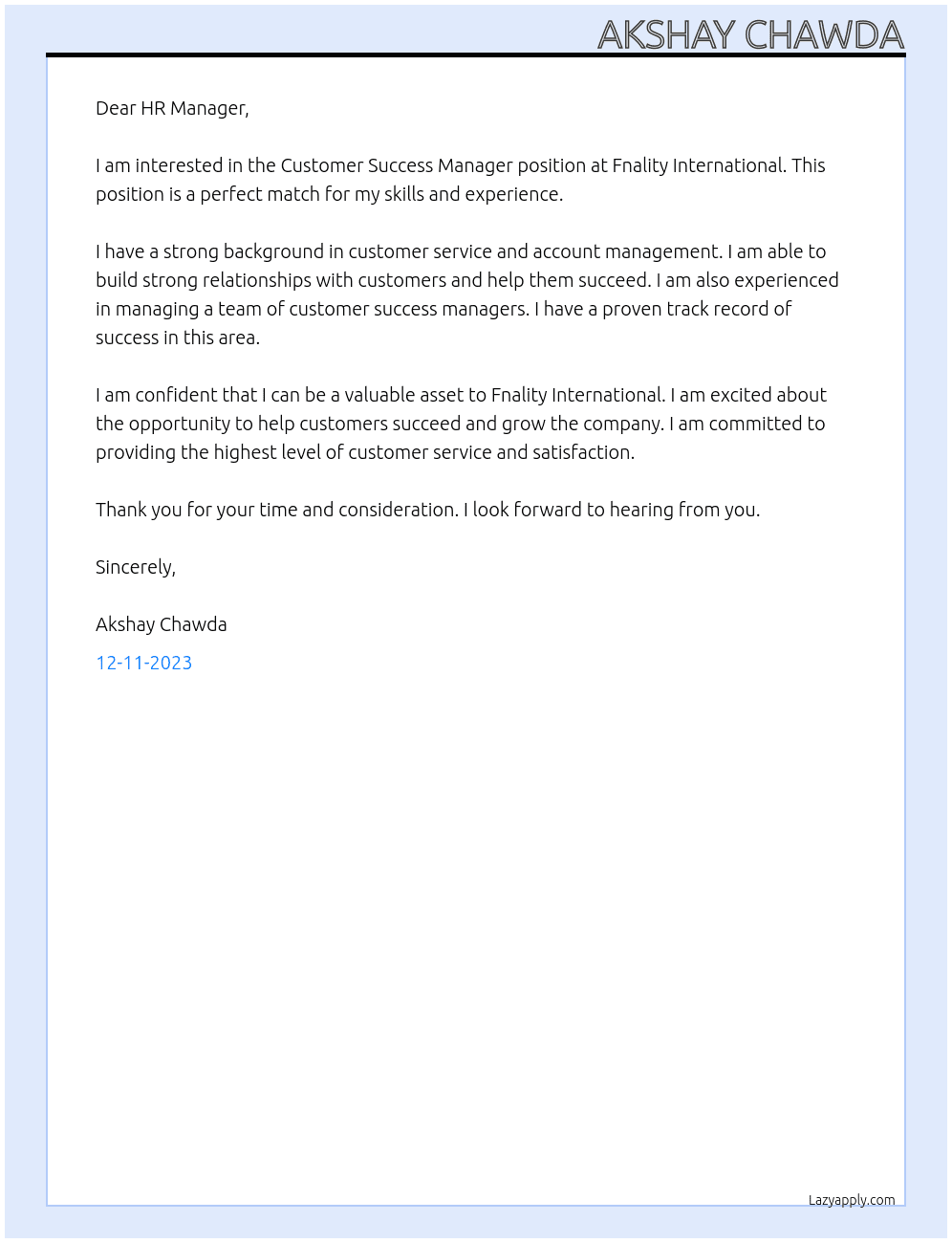 Customer Success Manager At Fnality International Cover Letter