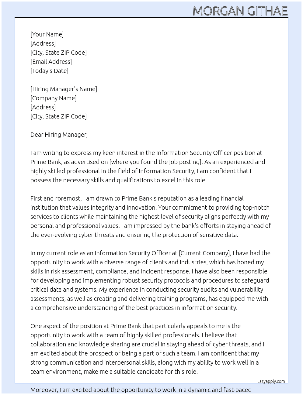 Information Security Officer  At Prime Bank  Cover Letter