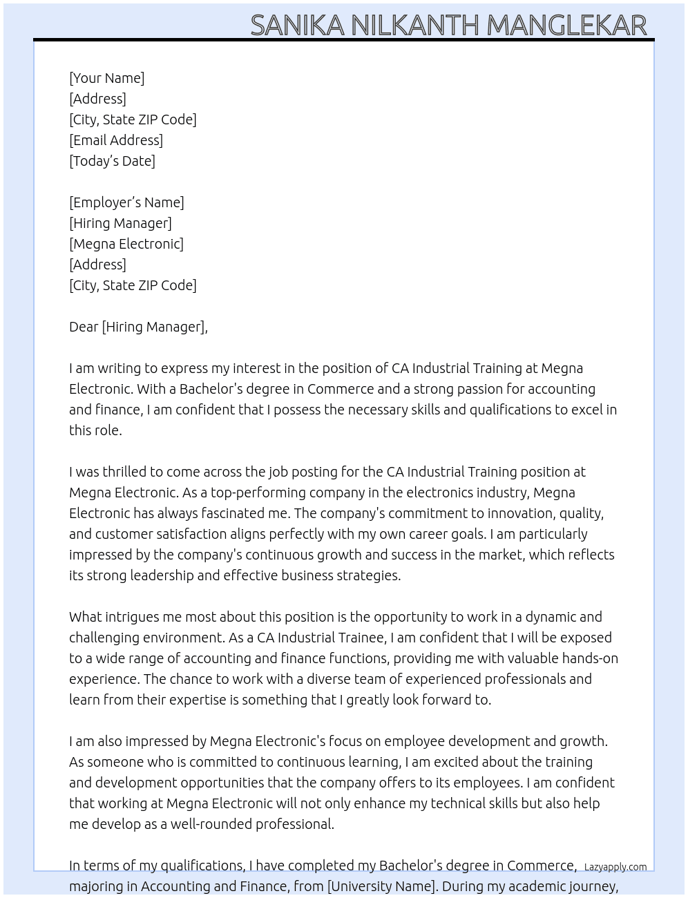 CA industrial training  At Megna electronic  Cover Letter