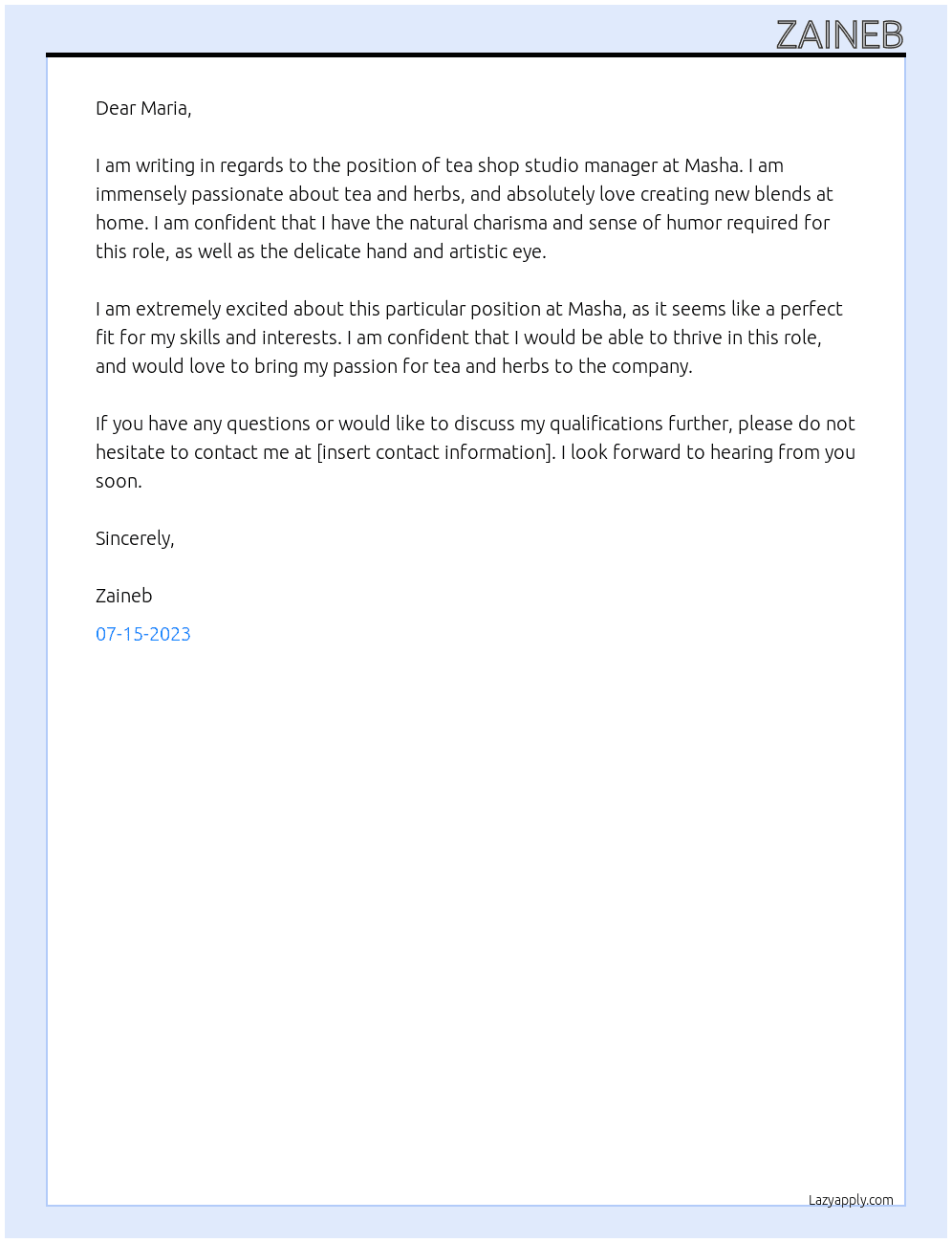 tea shop studio manager At masha Cover Letter