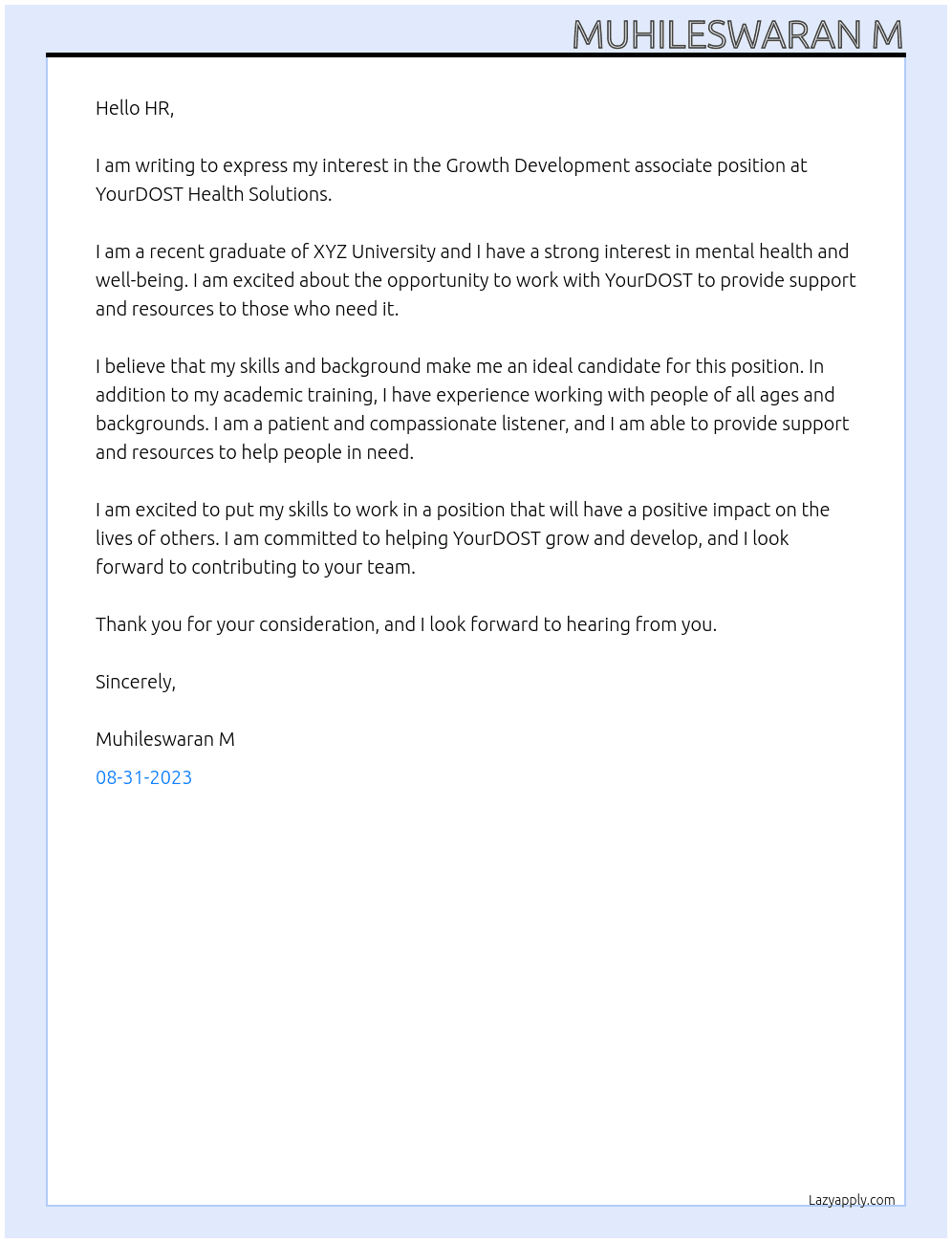 Growth  developement associate At YourDOST Health Solutions Cover Letter