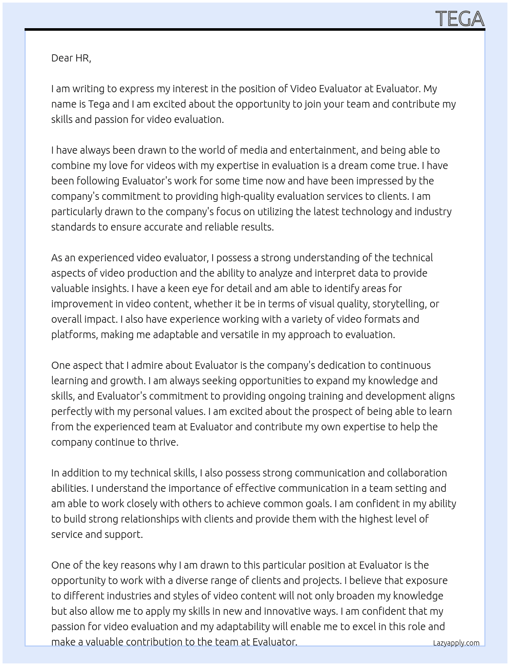 video evaluator At evaluator Cover Letter