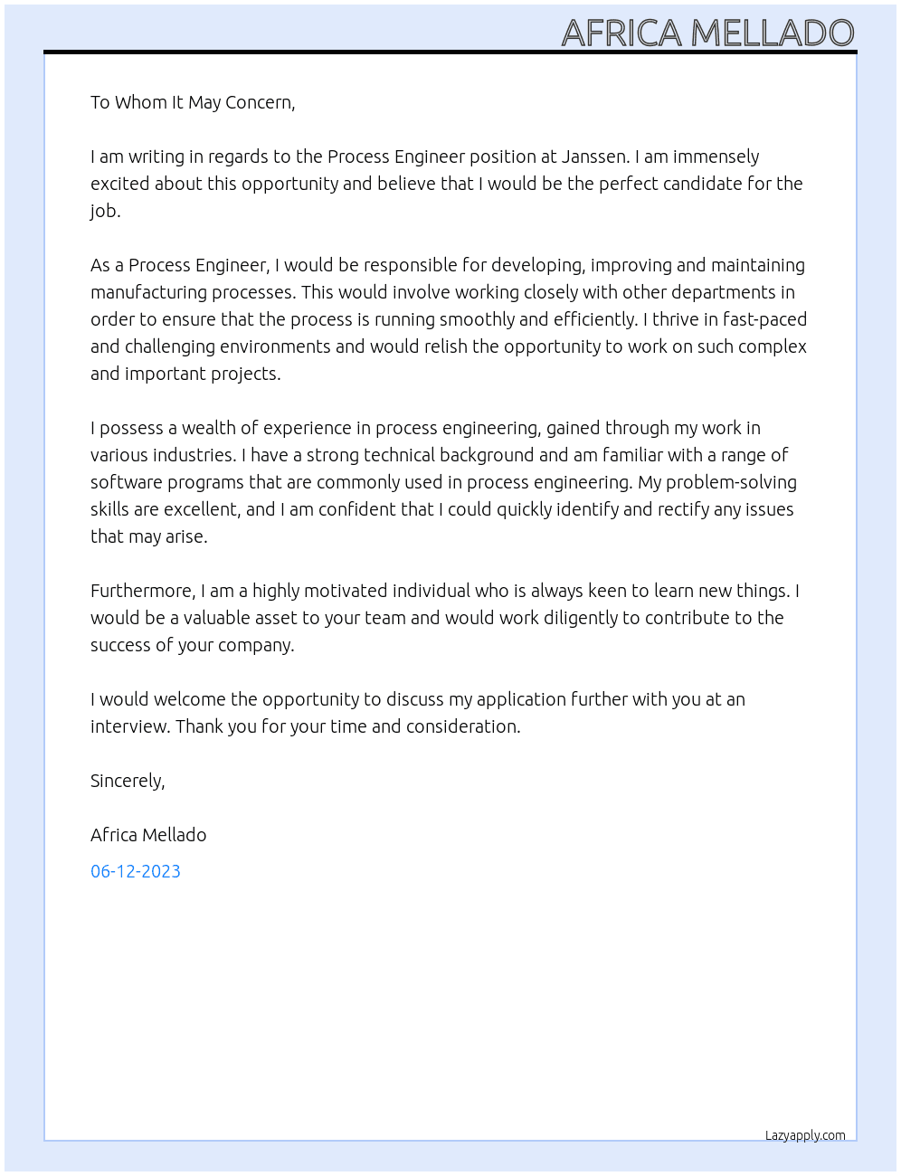 Process engineer   At Janssen Cover Letter
