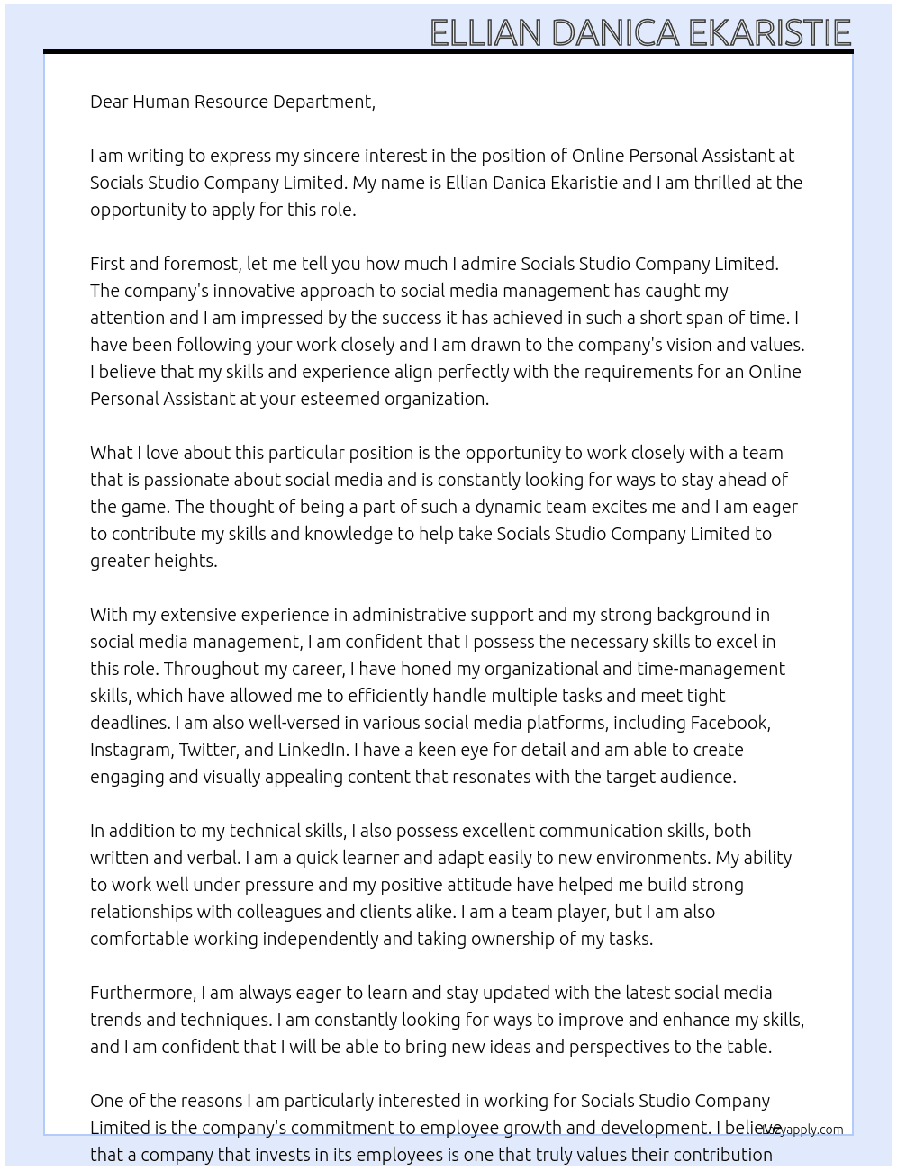 Online Personal Assistant At Socials Studio Company Limited Cover Letter
