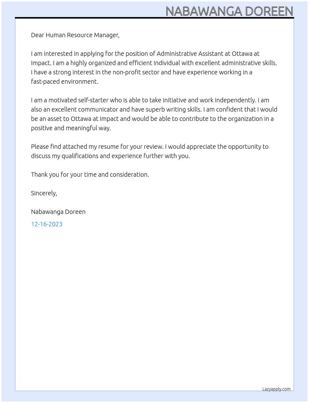 Administrative assistant  At Ottawa at Impact, Remote Uganda  Cover Letter